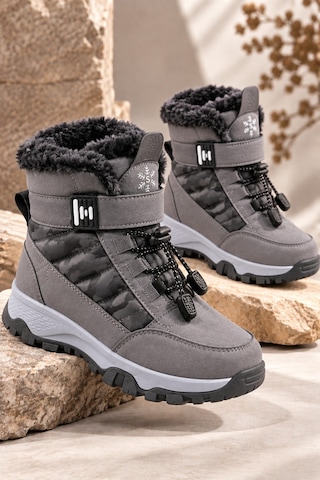 Muggo Peak İçi Kürklü Cırtlı Ve Bağcıklı Unisex Çocuk Kar Botu Gri