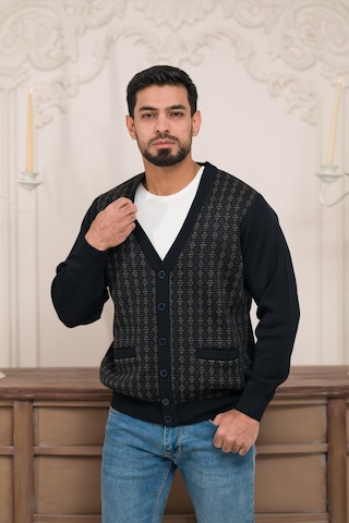 Woolen World Regular Fit V Yaka Ön Cepli Desenli Triko Hırka Lacivert