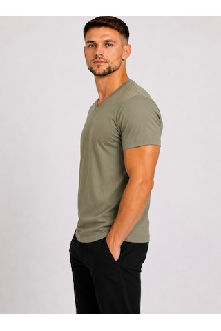 Axxel Erkek Açık Haki Pamuklu V Yaka Kısa Kollu T-shirt-d804