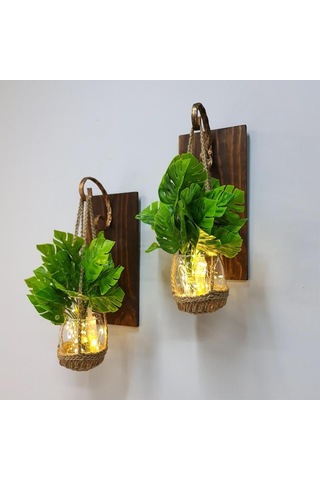 Duvar Dekoru, Led Işıklı, Deve Tabanı Çiçekli, Ceviz Aplik İkili Set