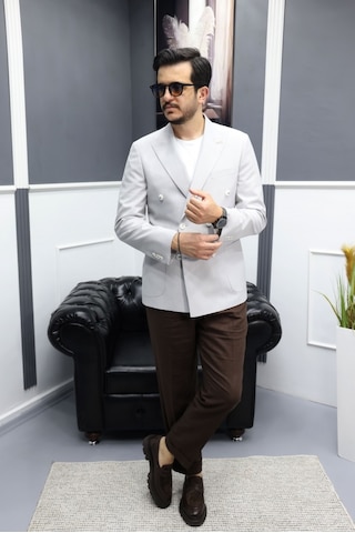 Avni Ceylan Verde Dokulu Gofre Kumaş İtalyan Stil Slim Fit Kruvaze Erkek Ceket Gri