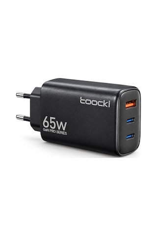Toocki 65w Gan Pro 3 Portlu Hızlı Şarj Adaptörü 2 Usb-c Ve 1 Usb-a Pd 3.0 Pps Qc 3.0 Avrupa Tipi Fiş Siyah