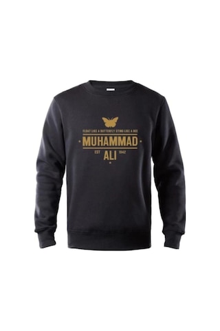 Erkek Siyah Kelebek Muhammed Ali Baskılı Sweatshiirt Siyah