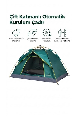 Kamptek Çift Katmanlı 6 Kişilik Otomatik Kamp Ve Deprem Çadırı Pratik Kurulumlu, Su Geçirmez Ve Güvenli Açık Hava Çadırı 200 250 150 Koyu Yeşil