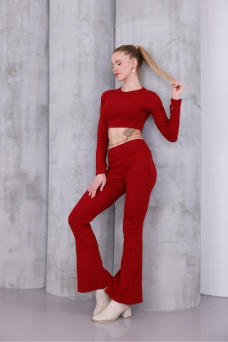 Kadın İspanyol Paça Pantolon Uzun Kollu Parmak Geçirmeli Crop Takım Bordo