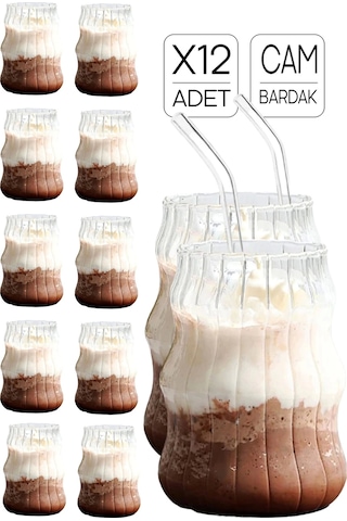 12'li Sukabağı Latte Pipetli Cam Bardak İskandinav Burgu Kahve Kokteyl 3 Katlı Sunum Bardağı 400ml Şeffaf