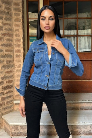 Mavi Dar Kesim, Cepli, Düğmeli, Denim Kot Ceket Mavi