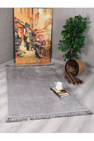 My Evilla Modern Dekoratif Örgü Saçaklı Simirna Peluş Halı Yolluk Açık Gri