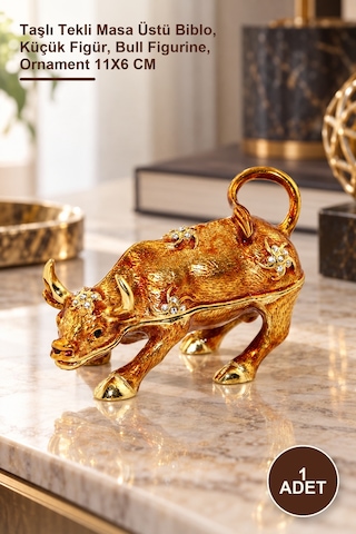 1 Adet Dekoratif Boğa Figürü Taşlı Tekli Masa Üstü Biblo, Küçük Figür, Bull Figurine, Ornament 11x6 Cm