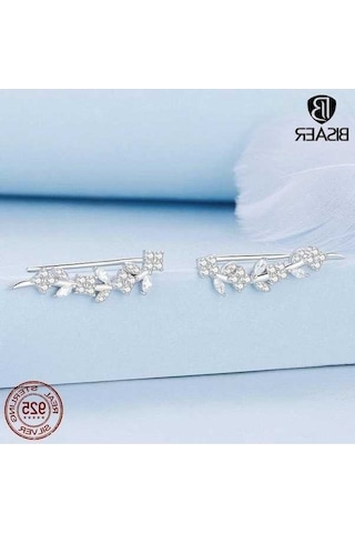 Novahub Bısaer 925 Ayar Gümüş Çiçekli Yaprak Küpe, Trendy Tasarım Kadın Küpe, Hediye İdeal Küpe Gümüş