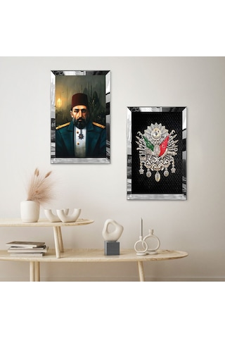 Gümüş Aynalı Pleksi Çerçeveli Padişah Abdülhamid Ve Osmanlı Tuğrası İkili Mdf Tablo Seti