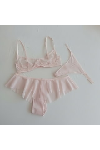 Bonbon Kadın Tül Transparan Balenli Sütyen, Checky Ve String Külotlu 3 Lü Paket Bb2618 Pembe