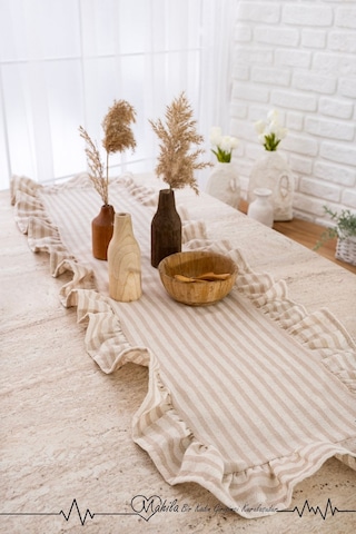 Bej Çizgili 40x125 Şık Tasarım Ekstra Büyük Fırfırlı Runner, %100 Keten Runner Bej