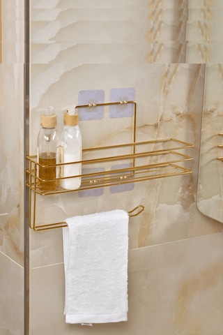 Parlak Altın Modern Banyo Rafı Yapışkanlı Duş Organizer Kağıt Havluluk