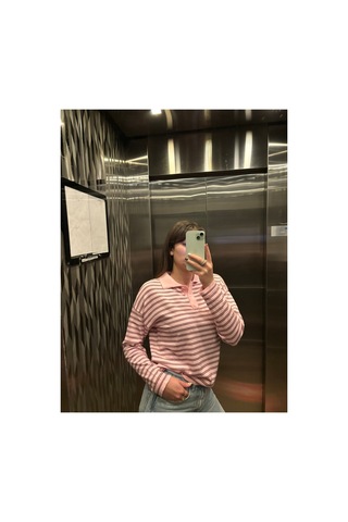 Maison Velora Kadın Pembe Polo Yaka Çizgili Düğme Detaylı Uzun Kollu Triko Kazak Pembe 001 923495643 Pembe 001