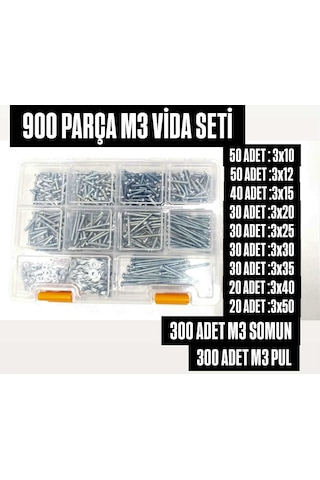 900 Adet Ysb Metrik 3 Vida Somun Pul Seti 3x10/3x12/3x15/3x20/3x25/3x25/3x30/3x35/3x40/3x50 0.3 MM