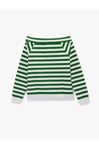 Koton Rahat Kalıp Uzun Kollu Çizgili Kayık Yaka Baskılı Sweatshirt Yeşil Çizgili 6sal10230ık Yeşil