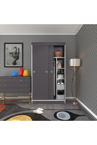 Kenzlife Gardırop Sürgülü Kapaklı Kapılı 100 Papatya Gri Gardolap Dolap