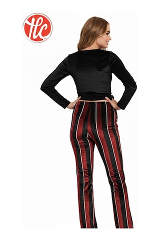 Gd Goldoremi 89-519 Kadın Kadife Yandan Bağlamalı Çizgili Uzun Kollu Pijama Takım Bordo