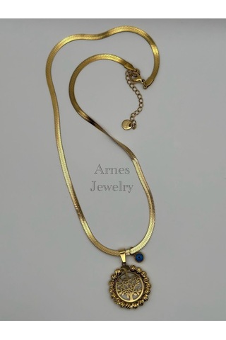 Arnes Jewelry Çelik İtalyan Ezmeli Dorikalı Yaşam Ağaçlı Kolye Gold