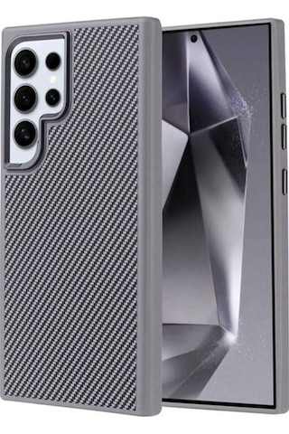 Galaxy S24 Ultra Kılıf M-safe Şarj Özellikli Karbon Fiber Görünümlü Zore Troy Kapak Gümüş