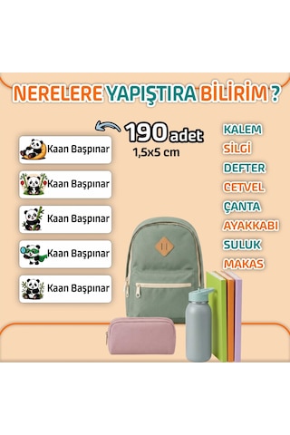 Kapbirhediye Okul Etiketi Isme Özel Kalem Defter Etiketi Panda Temalı 190 Adet Çok Renkli