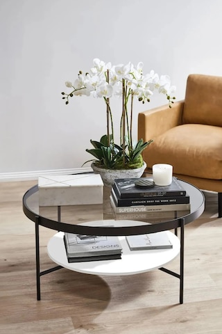 Nordic Orta Sehpa Temperli Cam 75 Cm Demonte Çizilmez Kırılmaz Metal Çerçeve Raflı Minimalist Sehpa - Beyaz Beyaz