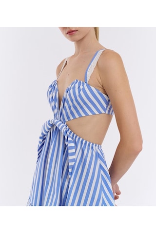 Fashion Cocktail Santorini Marin Renk Fiyonklu Bel Pencereli Sırt Lastikli Pamuklu Çizgili Şirin Yazlık Elbise Mavi Mavi