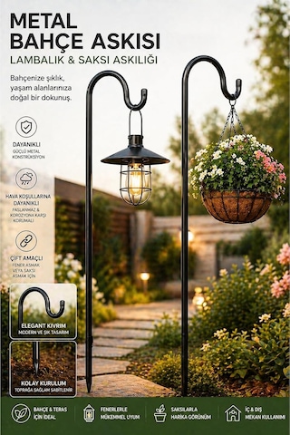 Metal Askılık Saksılık 115 Cm, Bahçe Askısı Çiçeklik Askısı, Solar Lamba Askılığı Aydınlatma Kancası, Balkon Teras Fener Askısı, Siyah Diğer