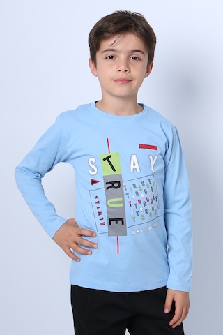 Hçm Erkek Çocuk Uzun Kollu Tshirt Stay True Baskılı Bisiklet Yaka E29 Açık Mavi