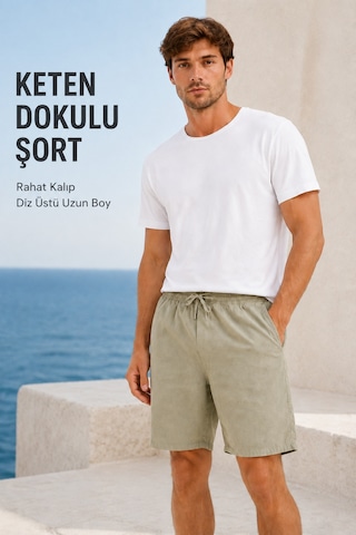 Masion Rae Erkek %100 Açık Haki Keten Şort, Bağcıklı Bel, 3 Cepli, Rahat Kesim, Geniş Paça, Günlük Yazlık Şort