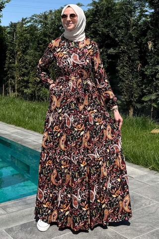 Rabia Şamlı Şal Desenli Elbise Siyah Normal