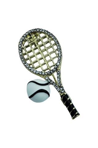 Taşlı Tenis Raketi Ve Top Gold Broş Sarı