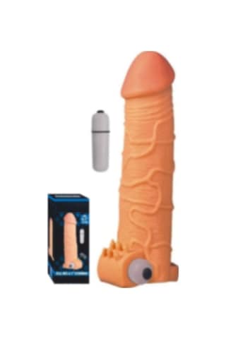 Erofoni Yeni Nesil Ucu 6 CM Dolgulu Titreşimli 17 CM Süper Realistik Uzatmalı Penis Kılıfı﻿﻿