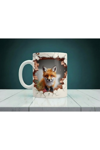 3d Tilki Baskılı Kupa Bardak Beyaz
