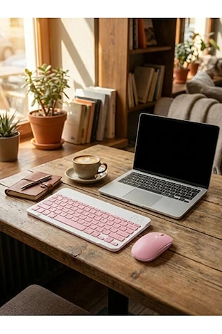 Kablosuz Bluetooth Klavye Ve Dongle Lı Mouse Seti Şarjlı Klavye Ve Fare Kombinasyonu Pembe