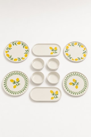 Yeşil Limon 10 Parça 4 Kişilik Handmade Stackable Seramik Tabak Seti Premium Sunum & Kahvaltı Takımı Beyaz