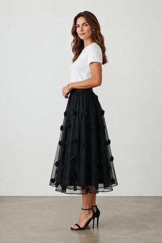 Bihan Store Kadın Gül Desenli Etek Y26-50816 - Siyah