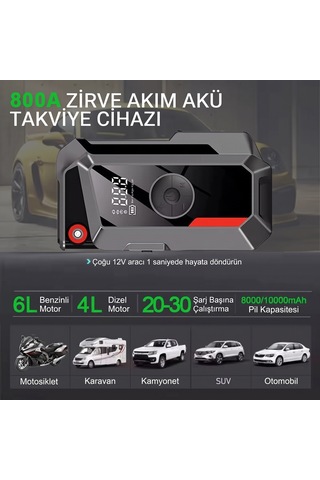 Oto Akü Takviye Cihazı & Dijital Lastik Şişirme Pompası Çantalı 10000 Mah Bataryalı