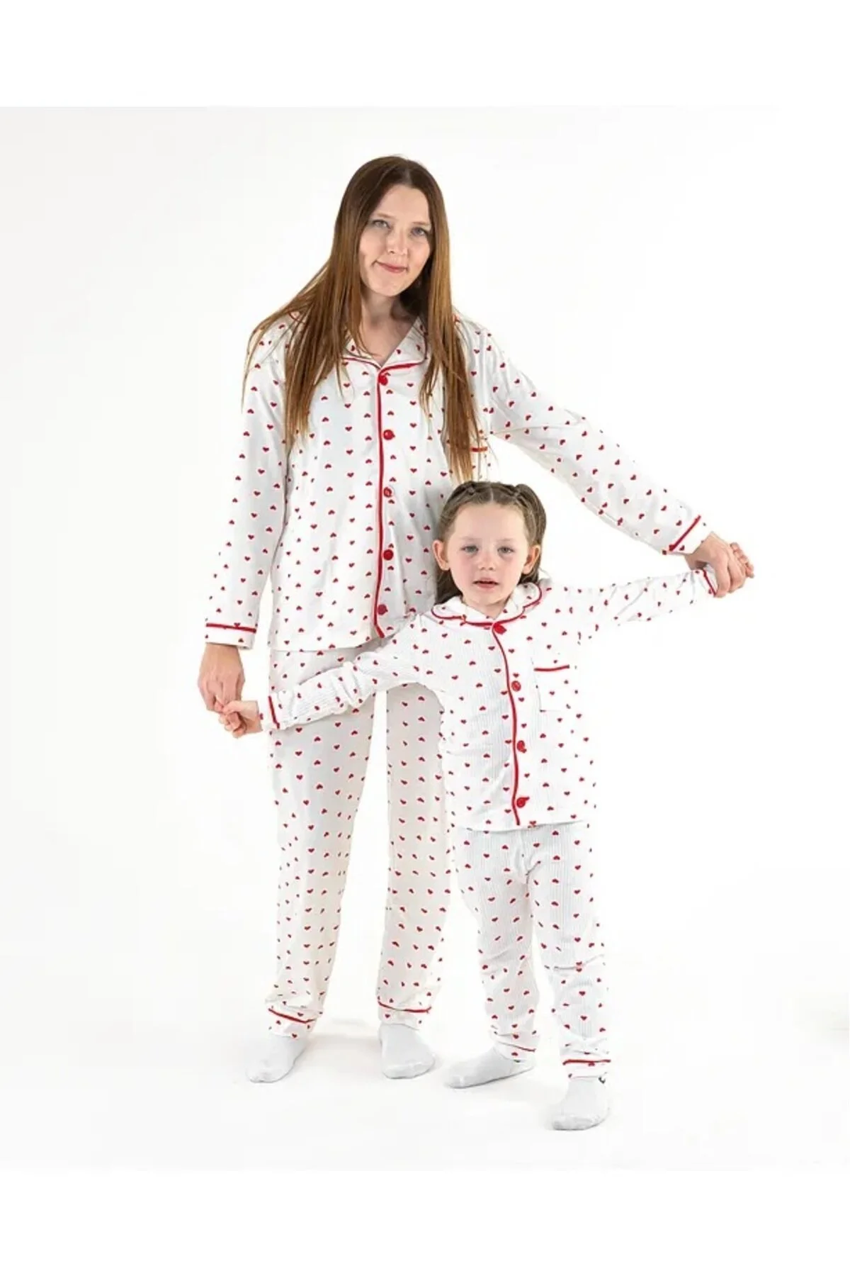 Dolaş Kids Anne Ve Kız Çocuk Kombin Pamuklu Kalıp Basklı Pijama Takımı Beyaz