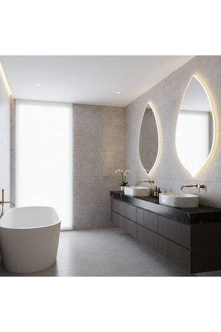 70x120 Cm Damla Form Led Ayna Dokunmatik, Dim Edilebilir, 3000k Günışığı Modern Duvar Aynası Sarı