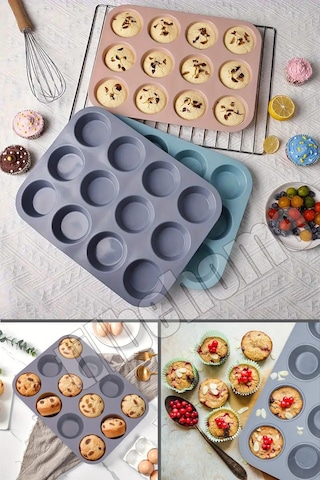 Tilbe Home 12'li Silikon Muffin Kalıbı Kurabiye Tatlı Cupcake Kek Kalıbı Yapışmaz Gıdaya Uygun Pişir Gri