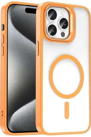 Apple Uyumlu iPhone 15 Pro Max Kılıf M-safe Şarj Özellikli Standlı Zore M-safe Klon Lensli Kapak Turuncu