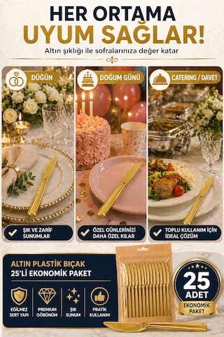 25 Li Altın Plastik Bıçak 18 Cm Sert Tek Kullanımlık
