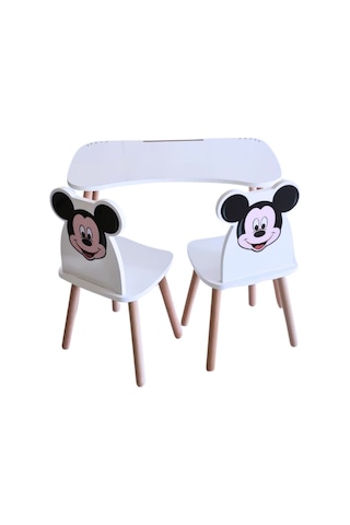 Liva Ahşap Çocuk Aktivite 1 Masa 2 Sandalye Takımı 4-12 Yaş Mickey Mouse Beyaz