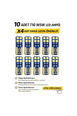 10 Adet T10 W5w Led Ampul - Ultra Uzun Ömürlü Beyaz Plaka Ve Tavan Aydınlatması
