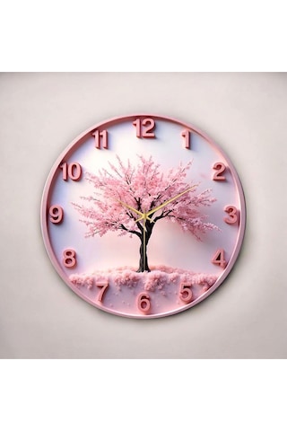 Pembe Renkli Baskı Ağaç Doğa Desenli Sayılı Hediyelik Ahşap Sessiz Duvar Saati 50cm ÇOk Renkli