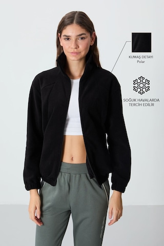 Tommy Life Siyah Kalın Yumuşak Dokulu Dik Yaka Oversize Nakışlı Polar Kadın Sweatshirt - 97293 Siyah