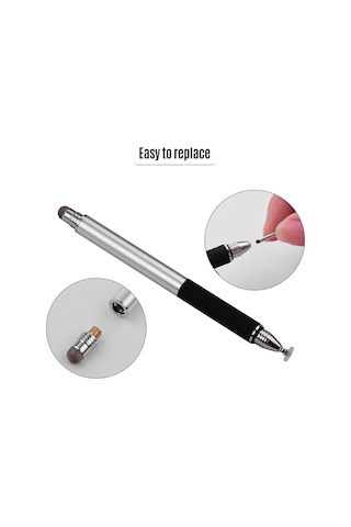 Vkemall Metal Kapasitif Kalemler Seti 2 Adet - Nano Konduktif Fiber Uç + Sünger Disk, Fırça Ucu, Kalem Klipsi, Siyah/gümüş Renk Seçeneği 2 Adet Değiştirme Ucu