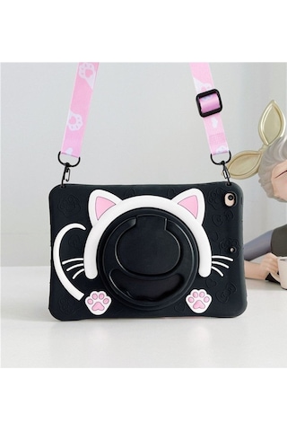 Apple Ipad 8. Ve 9. Nesil 10.2 Inç 2020 / 2021 Uyumlu Kedi Kılıf Standlı Eğlenceli Koruma Siyah